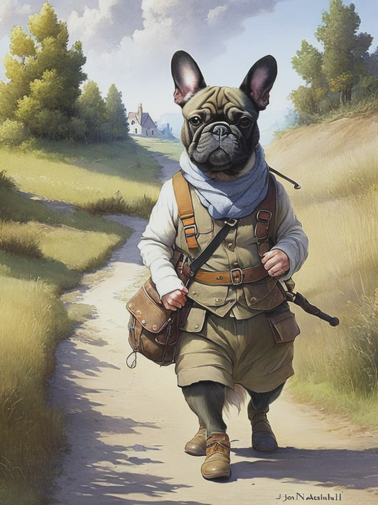 01087-4057539210-Cute chunky anthropomorphic french bulldog, dressed in rags, walking down a rural road, illustration. by Jean-Baptiste Monge + E.png